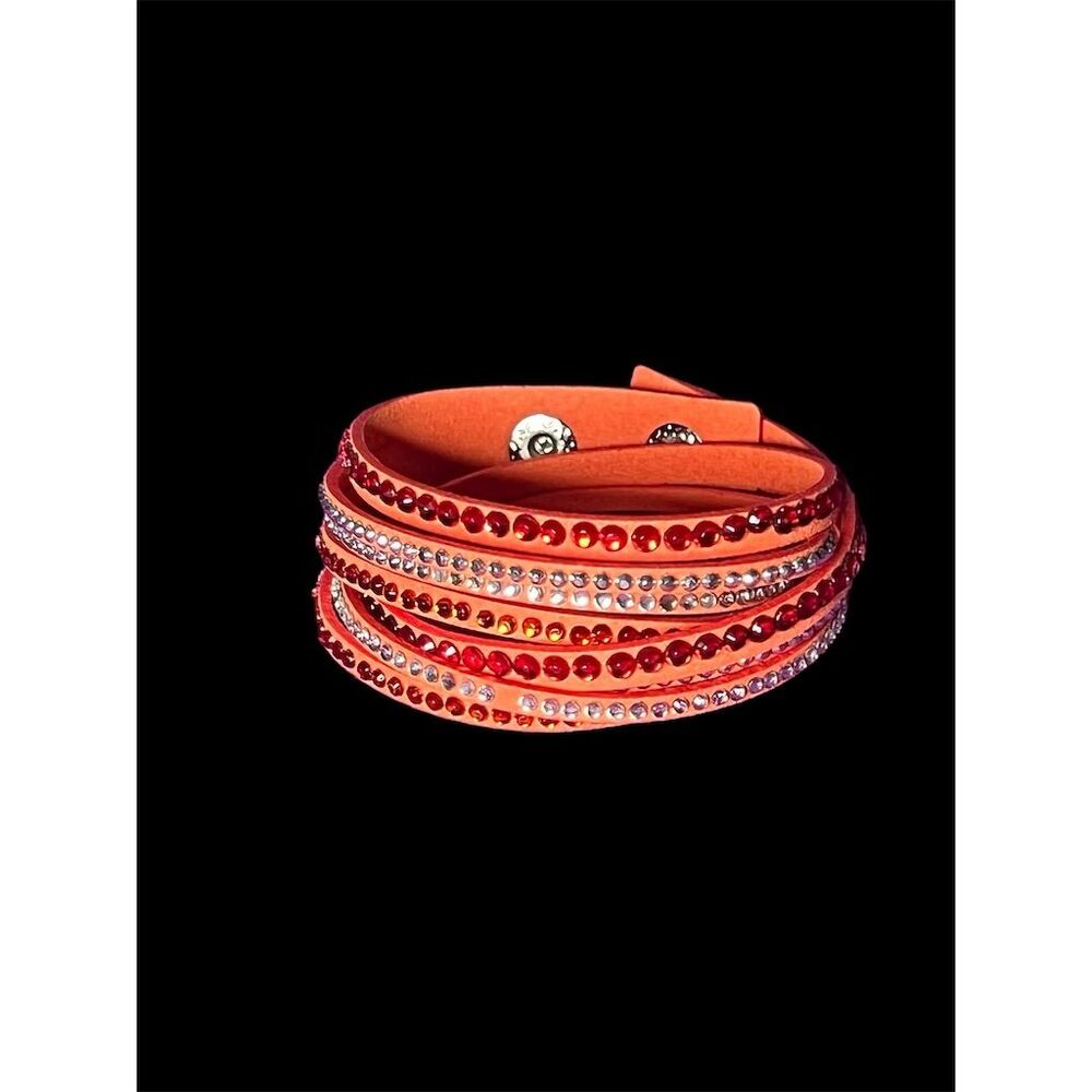 Women's Orange Leather Wrap Bracelet with Rhinestones Adjustable Snap Cl… - Picture 9 of 10